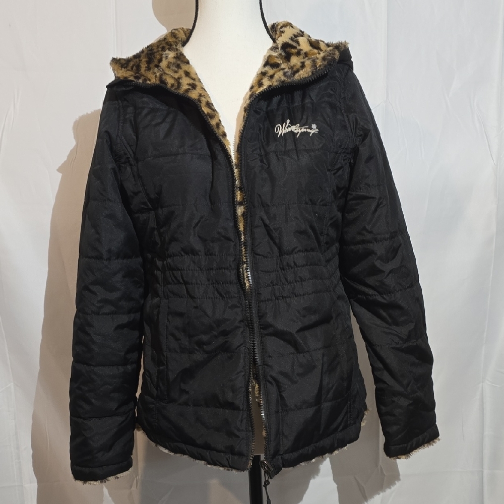 Weatherproof Black Puffer with Leopard Accents